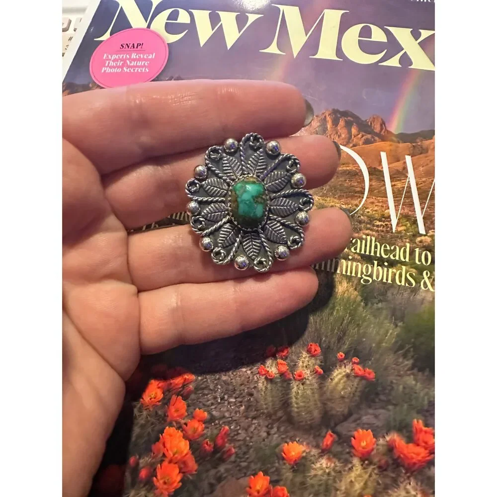 Handmade Sterling Silver Sonoran Mountain Turquoise Adjustable FLOWER Ring Sign - Picture 2 of 4